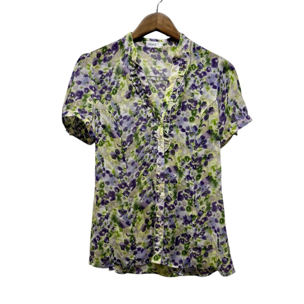 ✨$8 CLEAR-OUT✨ Ricki's Vintage Floral Ruffle Button Down Blouse Top Green - Picture 6 of 6